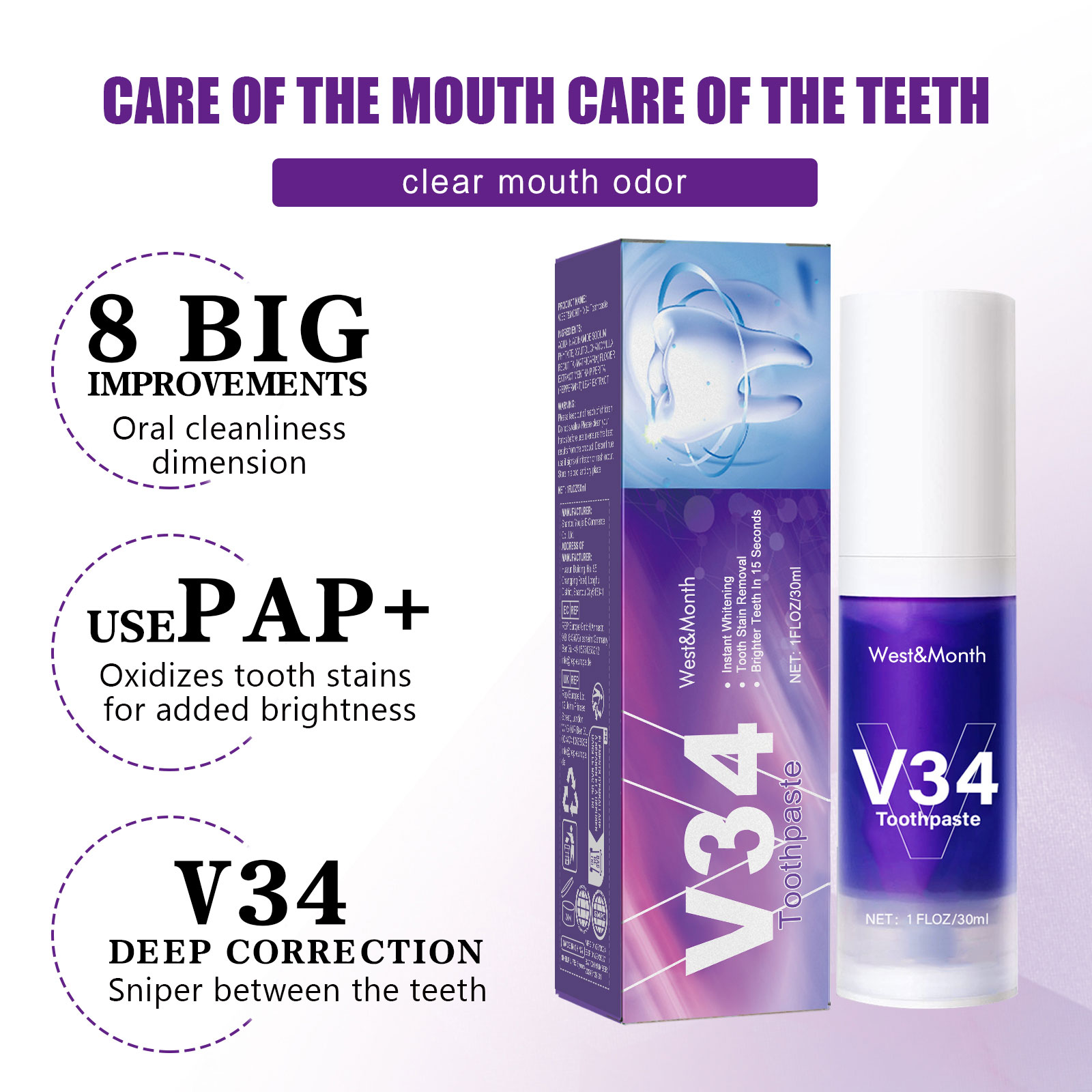 Pasta Gigi V34 Purple Cleaning - Teeth Whitening Mousse ulasan dan harga